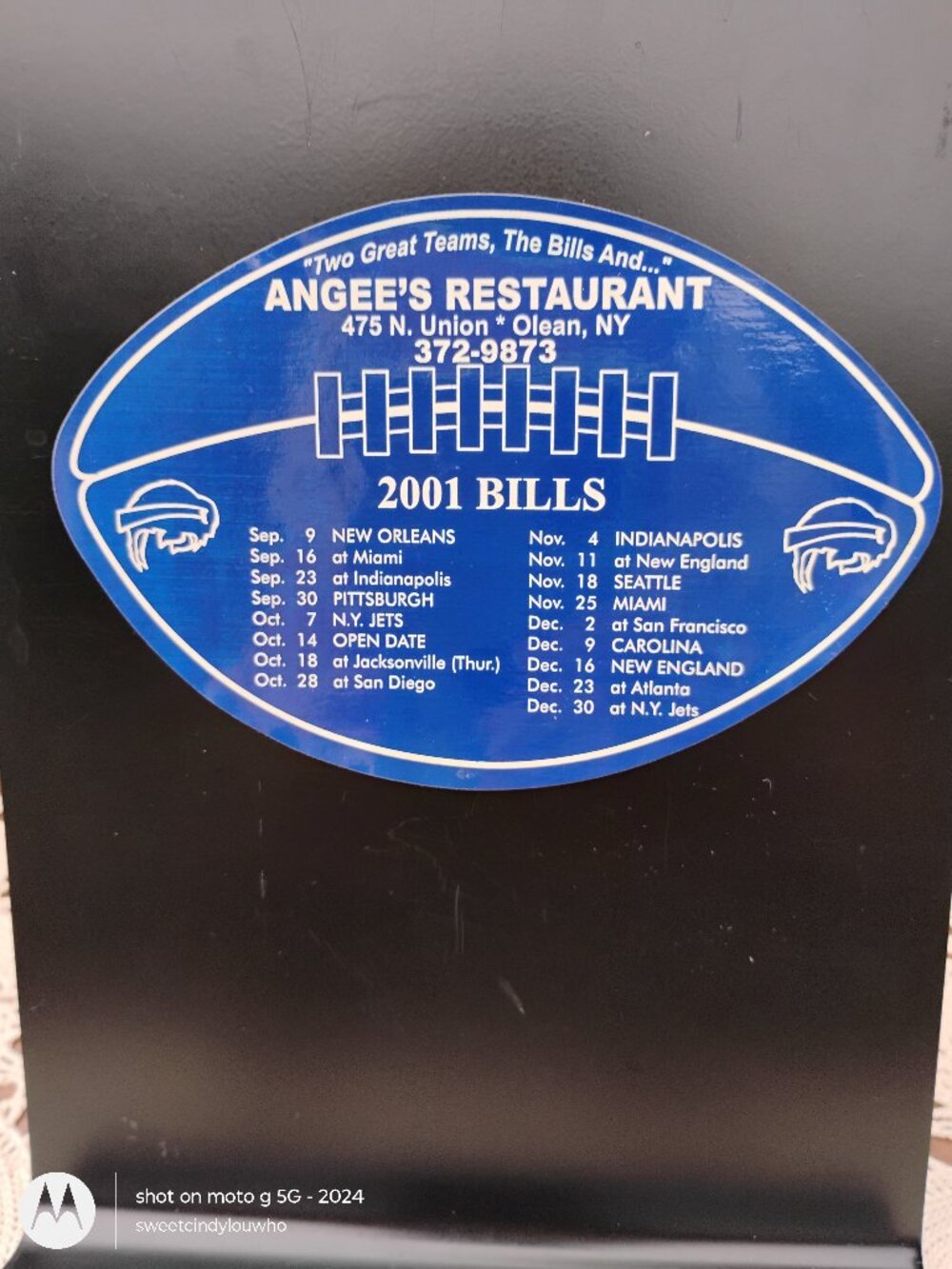 vtg 2001 Buffalo Bills promo game schedule magnet Angee's Restaurant Olean NY